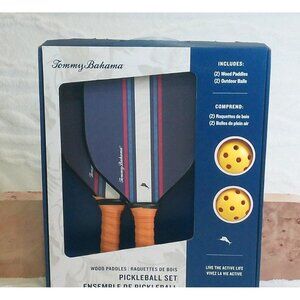 Tommy Bahama Pickleball New 2 Paddles Balls Wood Blue Red White Stripes Paddle